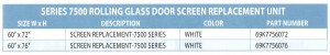 SERIES 7500 ROLLING GLASS DOOR SCREEN REPLACEMENT UNIT